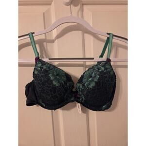 34D Adore Me Black Bra with Green Lace Accents